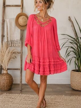 Umgee Coral Pink Gauze Boho Tunic Dress Lattice Neck Ruffle Hem L